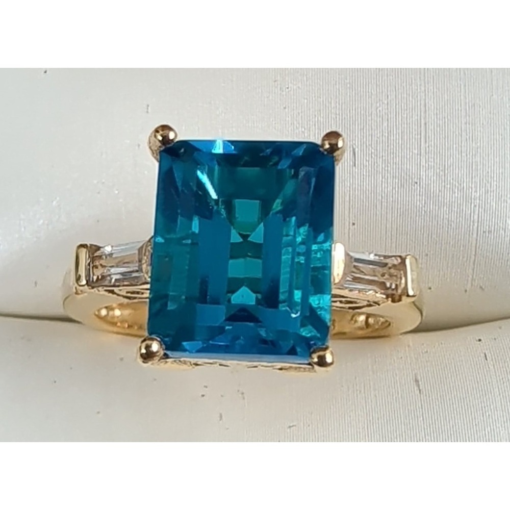 STS 925 Gold Vermeil Emerald Cut Blue Topaz Baguette Filigree Ring Size 7